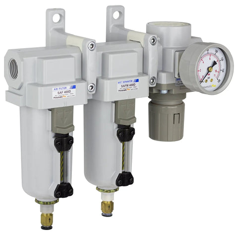 Four Stage Heavy Duty Compressed Air Drying System with Auto Drain and Metal Bowl, Half Inch NPT, includes filters and regulator.