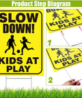 Slow Down Kids At Play Signs With Metal Stakes Four Pack 12 By 16 Inch Double Sided Caution Signs For Street Yard Lawn Or Neighborhoods Yellow Totally Great For Driveways Parks And Community Areas. Product step diagram showing installation process with grass background.