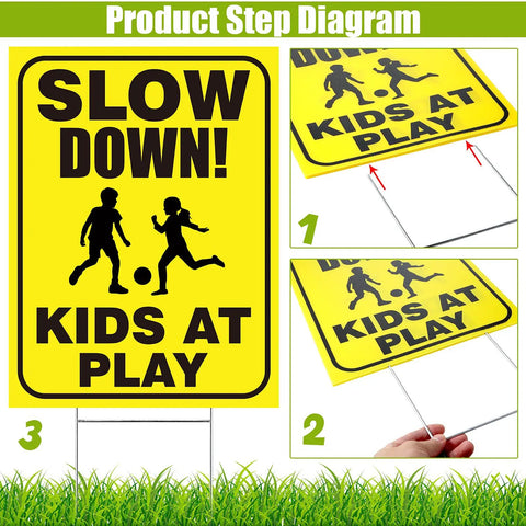 Slow Down Kids At Play Signs With Metal Stakes Four Pack 12 By 16 Inch Double Sided Caution Signs For Street Yard Lawn Or Neighborhoods Yellow Totally Great For Driveways Parks And Community Areas. Product step diagram showing installation process with grass background.