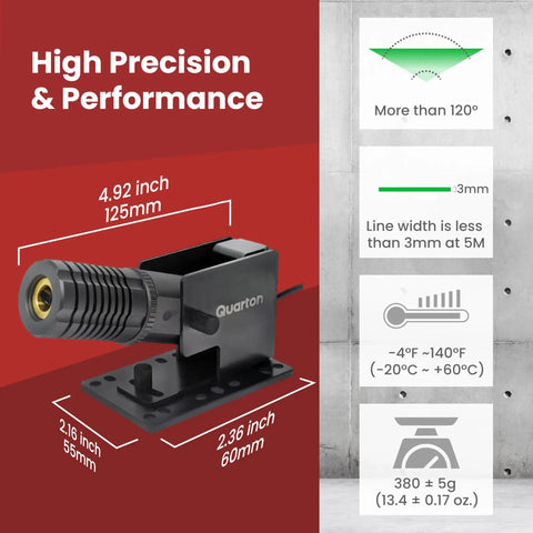ML 400 Green Line Laser Level For Outdoor Projects With Direct Sunlight Visibility Great For Large Scale Cutting And Precise Measuring Alignment Made Easy Waterproof IP67 Built In Wall Mount Type C Port Class 3R, showing measurements and high precision features on red background with Quarton branding.