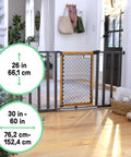 Solid Wood Cherry Stain Arched Baby Gate With Charcoal Gray Metal Frame 30 Inch Tall Fits Openings From 28 To 42 Inches Doorway And Stairway Kid Friendly Gate With Two Extensions Easy No Drill Install Auto Close, showcased in a bright room.