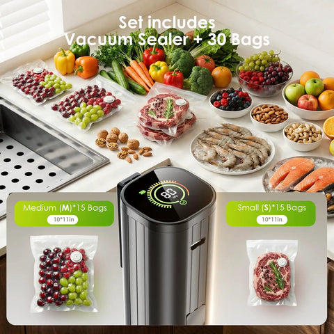 Portable Handheld Vacuum Sealer With LED Pressure Display beside vacuum-packed fruits and meats on kitchen counter.