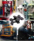 Collage of industrial presses with Two Pack 20 Ton Arbor Press Plates For H Frame Presses AR400F Steel in center