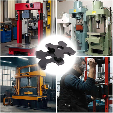 Collage of industrial presses with Two Pack 20 Ton Arbor Press Plates For H Frame Presses AR400F Steel in center