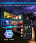 Modern house with colorful lighting controlled by smartphone app, showcasing Smart LED Bulbs 4 Pack With WiFi 2 4GHz and Bluetooth 5.0 No Hub Needed Compatible With Alexa and Google Dimmable RGBW Color Changing Light Bulbs A19 E26 9W 810 Lumens With Music Sync Schedules.