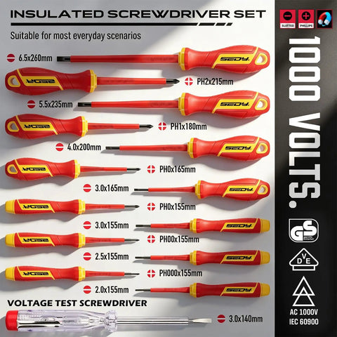 All In One Insulated Electrician Tool Set Pro Grade Workhorse For Electricians 1000V VDE Certified Screwdrivers Voltage Tester showing insulated screwdrivers