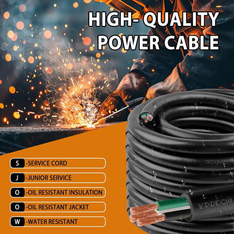 10 Foot 16 Awg 3 Conductor Portable Power Cable SJOOW 300V Electric Cord coiled with copper wires, suited for outdoor tasks.
