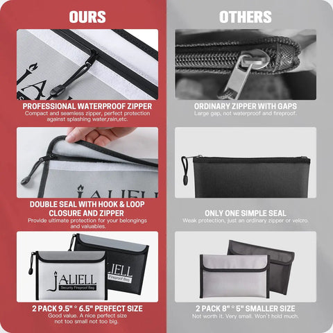 Comparison of Two Pack Fireproof Money Bags With Zipper And Waterproof Seal 9.5 By 6.5 Inch Durable Silicone Coated Fiberglass in Black and Gray.