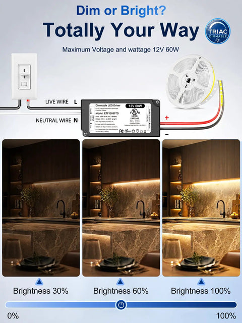 Heavy-Duty 12V LED Driver 60W Power Supply For LED Strip Lights, UL FCC Listed Class 2 Triac ELV MLV Dimming, 120V AC To 12V DC Transformer, Fully Compatible With Lutron And Leviton Dimmers.