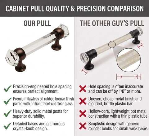 Comparison chart showing 10 Pack No-Brainer Oil Rubbed Bronze Glass Cabinet Handle Pulls against competitor's pull highlighting quality differences.