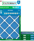 4-pack of 16x25x1 Air Filter MERV 13 for Smoke and Allergy Defense Electrostatic Pleated HVAC Replacement on display, blue material