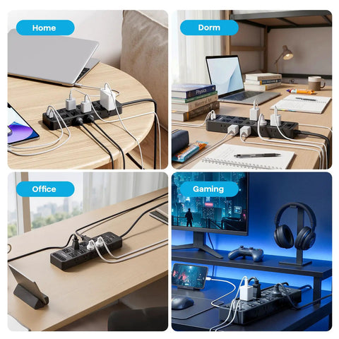 Power Strip With 20 AC Outlets And 6 USB Ports Heavy Duty Surge Protector 15 Amp 6ft Extension Cord 2700 Joules 120 to 240V Wide Voltage Perfect For Your Home Office Rig And Tech Setup on desk with laptop and chargers