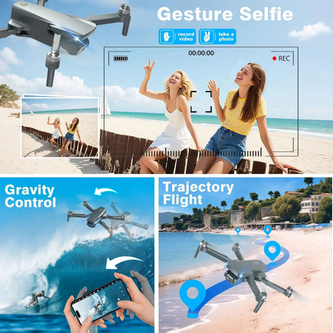 Foldable 1080P FPV Drone With Camera For Grownups, Beginners And Kids, capturing gesture selfie on beach, showing flight controls.