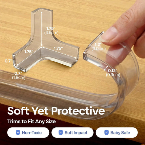 Knockout Baby Proofing Corner Guards And Edge Protective Tape 16 Feet Clear Cabinet Safety Strip with rounded corner cap and tape.