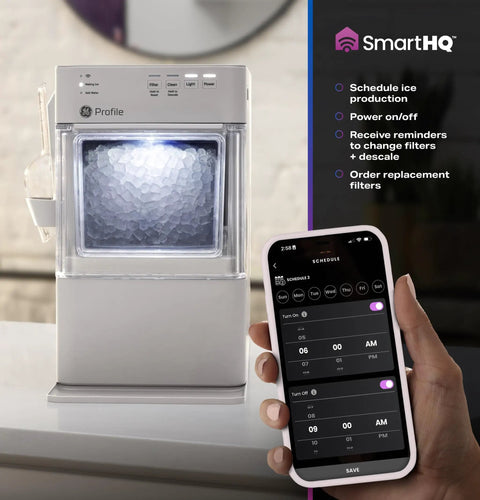Legit Nugget Ice Maker with touchscreen controls, clear ice bin, and smartphone app for scheduling ice production.