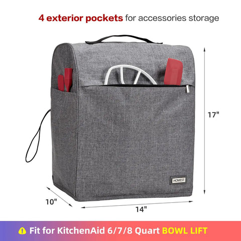 Gray Stand Mixer Dust Cover With Zipper Pocket For 6 To 8 Quart Bowls, showing front pockets holding kitchen tools