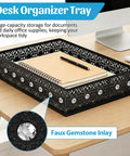 Black mesh desk organizer tray with faux gemstone inlay on a wooden desk, holds notebook and pen, Mesh Desk Paper Tray Organizer For Office And Home With Divider Free Design That Keeps A4 Files And Folders Freely Arranged Metal Storage Basket For Desk Or Drawer Sized 12.9 By 9 By 2.9 Inches Durable Mesh Construction