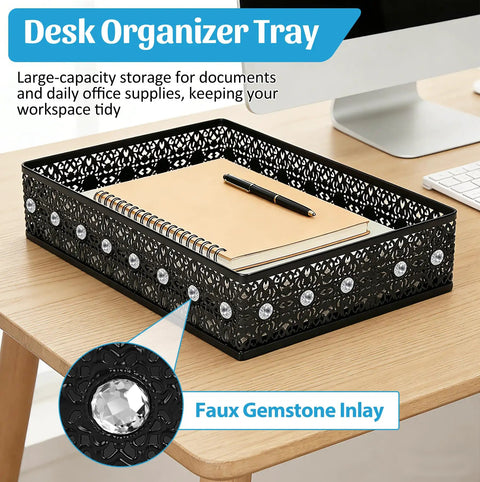 Black mesh desk organizer tray with faux gemstone inlay on a wooden desk, holds notebook and pen, Mesh Desk Paper Tray Organizer For Office And Home With Divider Free Design That Keeps A4 Files And Folders Freely Arranged Metal Storage Basket For Desk Or Drawer Sized 12.9 By 9 By 2.9 Inches Durable Mesh Construction