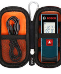 Hard Portable Travel Case For Bosch GLM 20 And GLM 100 23 Blaze Laser Distance Measure 100 Ft Premium EVA Shell With Custom Form Fit Orange Interior And Bold Red Blue Zipper Accents For Easy Gear Transport opened with Bosch laser measure and cable