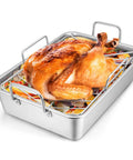 16 Inch Roasting Pan With V Shaped Rack And Baking Rack, Heavy Duty Stainless Steel Deep Broiling Pan With Handles For Turkey, Chicken, Lasagna And Roasts, Dishwasher Safe And Oven Safe Up To 450 Degrees Fahrenheit showcasing roasted turkey