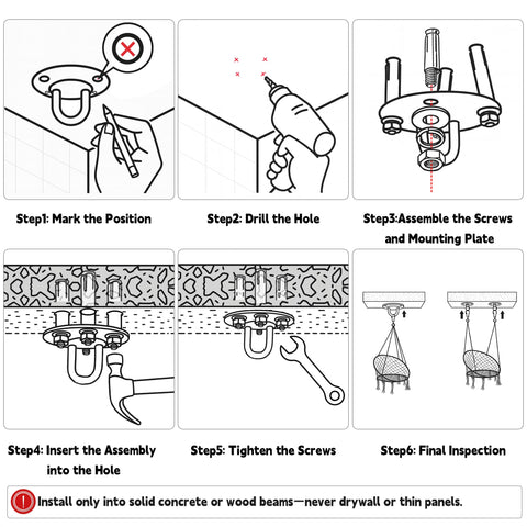 Installation guide for Hanging Chair For Bedroom Hammock Swing with Lights Hardware Kits, detailed steps for secure setup.