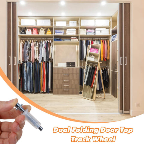 Closet with dual folding doors open, inset image of Six Pack Bi-Fold Door Top Roller Guide Wheels With Top Pivot Spring Loaded Hardware Kit