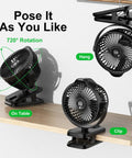 Clip On Fan With 8000mAh USB C Rechargeable Battery showing different uses: on table, hanging, and clipped, with 720 degree rotation.