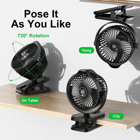 Clip On Fan With 8000mAh USB C Rechargeable Battery showing different uses: on table, hanging, and clipped, with 720 degree rotation.