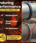 Heavy Duty Pro Grade RTV Silicone Gasket Maker For High Temp Oil And Chemical Resistant Sealing Form In Place Sealant With Auto Dispensing Nozzle shown on pipe with features like oil resistance, UV resistance, and high PSI rating