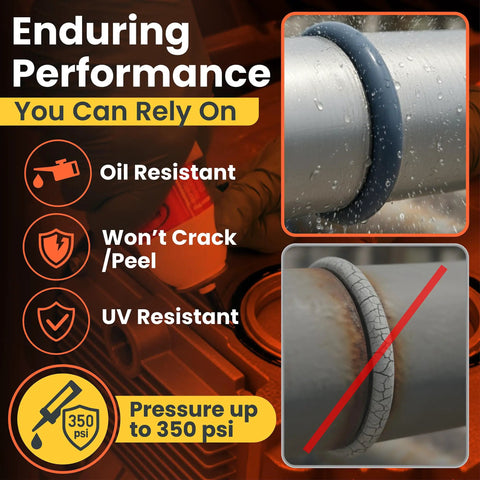 Heavy Duty Pro Grade RTV Silicone Gasket Maker For High Temp Oil And Chemical Resistant Sealing Form In Place Sealant With Auto Dispensing Nozzle shown on pipe with features like oil resistance, UV resistance, and high PSI rating