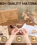 Hands assembling 3D Dragon Ship Wooden Puzzle Kit For Adults, next to box and instruction manual, 352-piece brain teaser model set