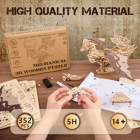 Hands assembling 3D Dragon Ship Wooden Puzzle Kit For Adults, next to box and instruction manual, 352-piece brain teaser model set