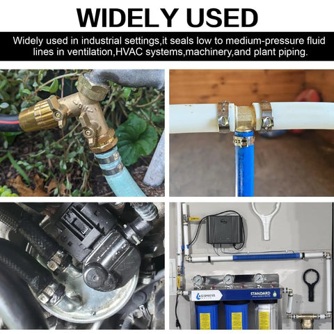 Various applications of Sixteen Size Single Ear Hose Clamp Kit With 360 Pieces All In One, fitting hoses in different settings.