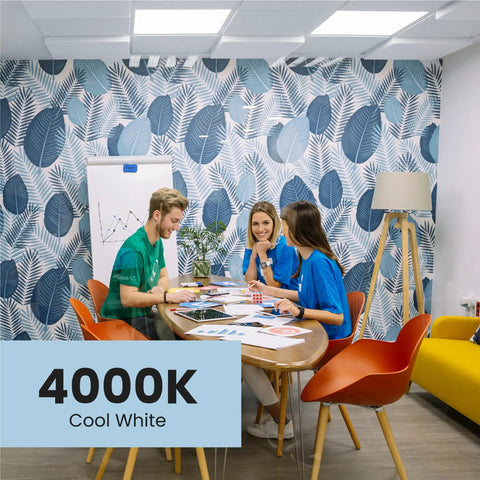 Three people working at a table under U-Bend LED Tube Light 15W T8 Replaces 32W Fluorescent U-Bend, cool white 4000K light.