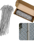 100 Pack 8 Inch Aluminum Chain Link Fence Ties For 14 Gauge Wire Ideal For Garden Fences Dog Kennels Chicken Coops And Quick Fence Repairs No Brainer Easy To Use, showing ties, packaging, and usage on fence