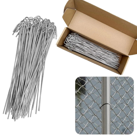 100 Pack 8 Inch Aluminum Chain Link Fence Ties For 14 Gauge Wire Ideal For Garden Fences Dog Kennels Chicken Coops And Quick Fence Repairs No Brainer Easy To Use, showing ties, packaging, and usage on fence