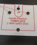 Template for handle receiver installation marked with pre-drill holes, aiding secure attachment for safety equipment.
