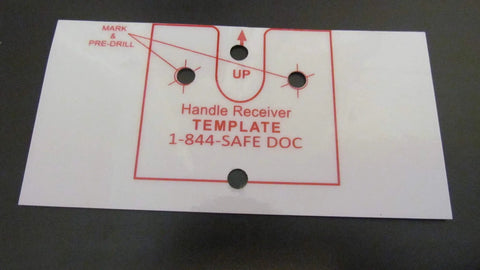 Template for handle receiver installation marked with pre-drill holes, aiding secure attachment for safety equipment.