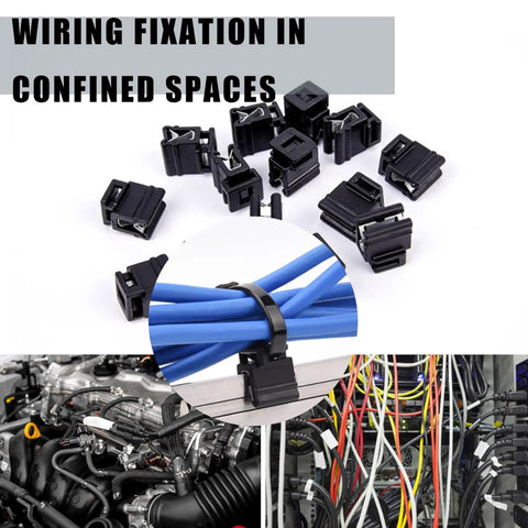 Four Way Zip Tie Mounts With Snap-In Steel Grip Clips holding cables in engine bay, wiring harness image, 50-pack view.