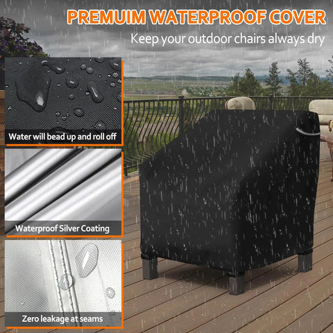 Waterproof Patio Chair Cover for Outdoor Furniture Keeps Your Lounge Chairs, Wicker, Swivel, Adirondack and Rocking Chairs Dry All Season, Heavy Duty Oxford, Fits Up To 32W x 37D x 36H, 1 Pack, Black shown on patio during rainfall illustrating water resistance.