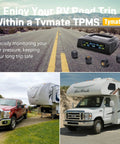 RV Tire Pressure Monitoring System TPMS Set Of 4 Sensors With Six Alarm Modes Easy Setup High And Low Pressure Alerts High Temperature Warnings And Sensor Low Voltage Or Signal Loss Alerts For Road Ready Peace Of Mind. Display and 4 sensors for RV tires