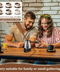 Stainless Steel Electric Turkish Coffee Maker 600ml 5 To 6 Cup Capacity With Ergonomic Handle For Home Or Travel 110V shown at a coffee table.