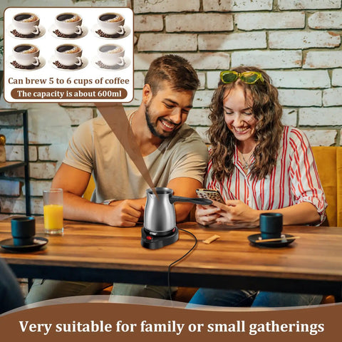 Electric Turkish Coffee Pot With Stainless Steel Build 110V For 5 To 6 Cups shown on a table with people.