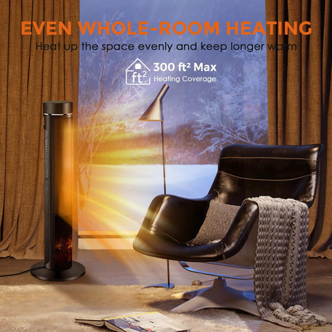 36 Inch Tower Space Heater For Large Rooms With 1500W Ceramic Electric Fireplace Effect, Adjustable Thermostat, Realistic 3D Flames, Smooth Oscillation And Wireless Remote Slams The Freeze Like A Champ warming a cozy living room.