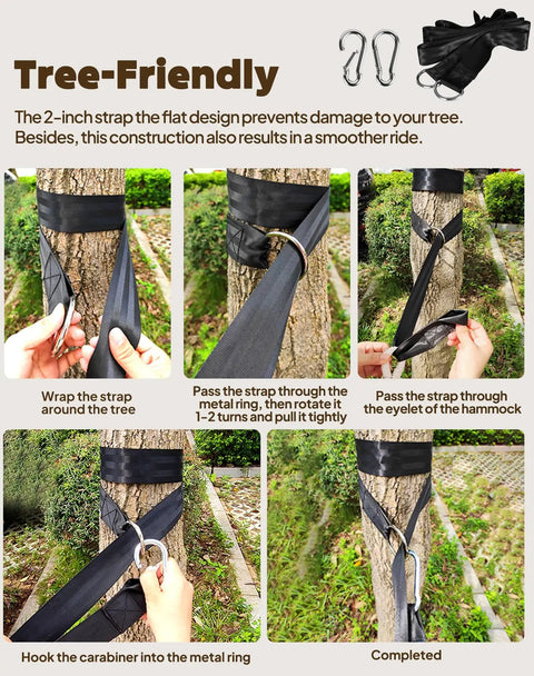 Cotton Hammock Portable Hanging Bed With Tree Straps Easy Setup Indoor Outdoor 550 Pound Capacity Dope Comfort For Backyard Camping And Travel For Ultimate Chill showing step-by-step tree strap installation on trunk with metal ring.