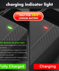 ETL Certified 36V Lithium Battery Charger with charging indicator lights showing green for fully charged, red for charging.