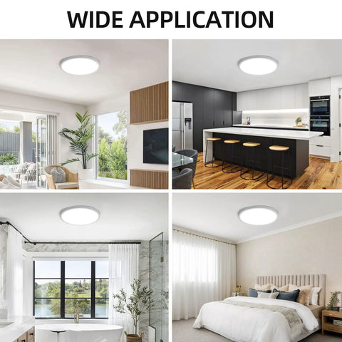 12 Inch LED Round Flat Panel Light With 3 CCTs 3000K 4000K 5000K 24W Edge Lit Flush Mount Ceiling Fixture in various rooms