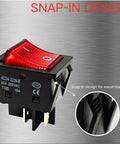 Heavy Duty 30A 250V DPST Rocker Switch 4 Pin Red Lighted On Off Toggle For 120V Or 240V Use, High Current 30 Amp Rating, Dual Pole Single Throw Switch, T125 Temperature Range Minus 25 To 85 Celsius, 2 Pack snap-in red rocker switch with 4 terminals
