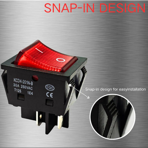 Heavy Duty 30A 250V DPST Rocker Switch 4 Pin Red Lighted On Off Toggle For 120V Or 240V Use, High Current 30 Amp Rating, Dual Pole Single Throw Switch, T125 Temperature Range Minus 25 To 85 Celsius, 2 Pack snap-in red rocker switch with 4 terminals