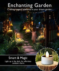 8 Pack Solar Tea Lights Outdoor Waterproof Rechargeable Dusk To Dawn Flameless Flickering LED Votive Candles illuminating garden path.